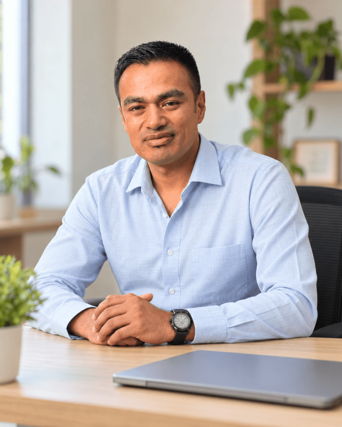 Bhupendra Shrestha seated at a desk in a light blue shirt, with a welcoming expression